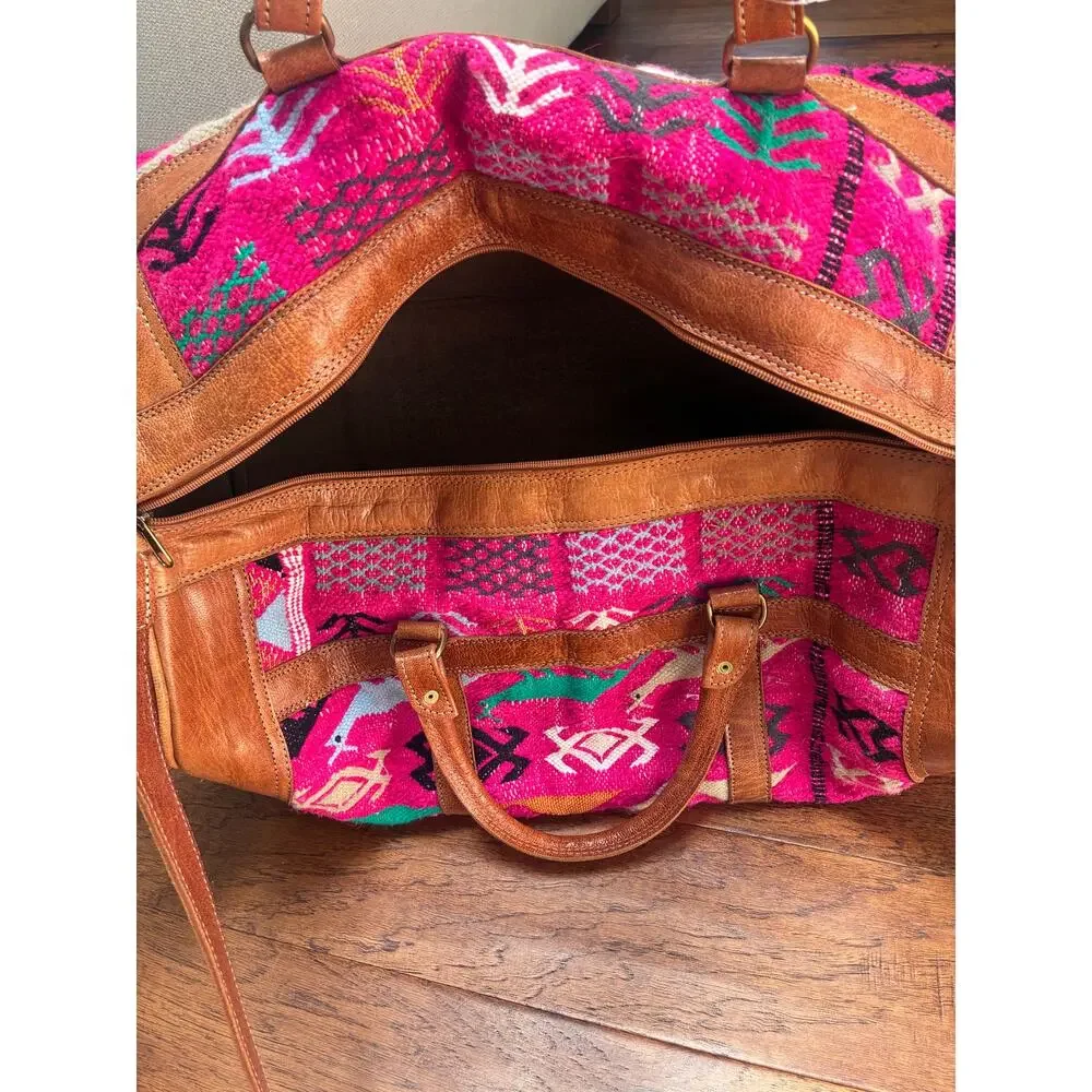 One-of-a-Kind Huipil & Full-Grain Leather Convertible Travel Duffel Bag